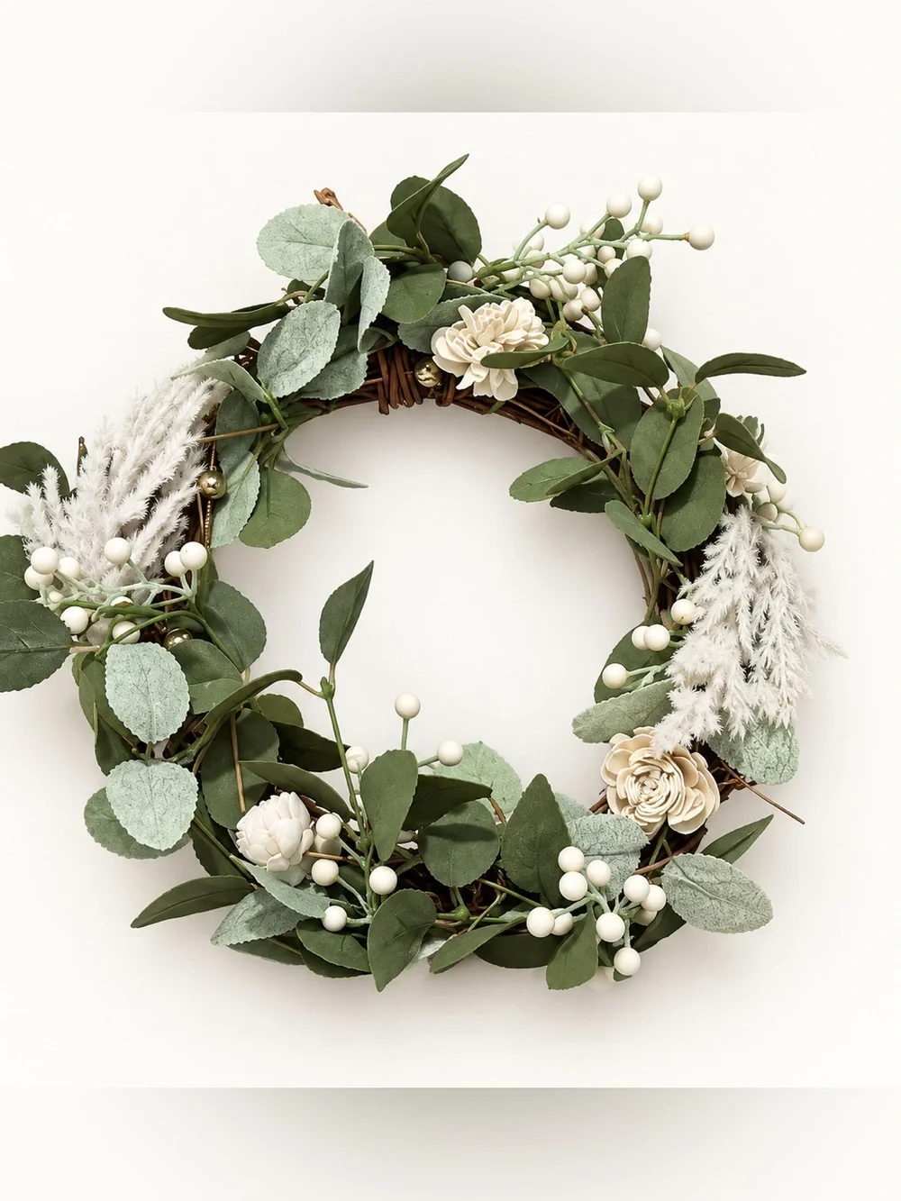 Winter Holiday Green and Cream Botanical Wreath - Unbranded